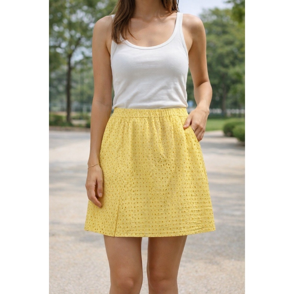 Talbots Skirt Womens Size 2X Yellow Eyelet Straight Lined Cotton Slit Zip Preppy